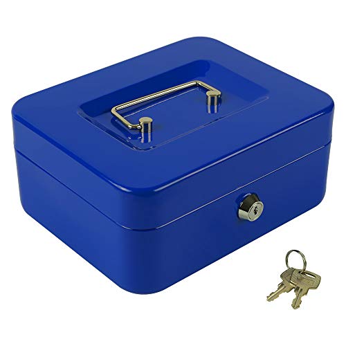 KYODOLED Cash Box with Money Tray,Storage Safe Lock Box with Key,Cash Drawer,7.87"x 6.30"x 3.54" Blue Medium - color: Blue, size: Medium
