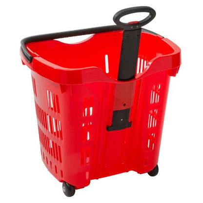 Red Plastic Shopping Basket with Wheels, 21.25x16.5 Inch, 45 lb Capacity, Telescopic Handle, Stackable Design