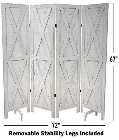 Premium Home 4-Panel Room Divider, Rustic White Barn Door X-Pattern Screen - color: Rustic White - X Pattern - 4 Panel