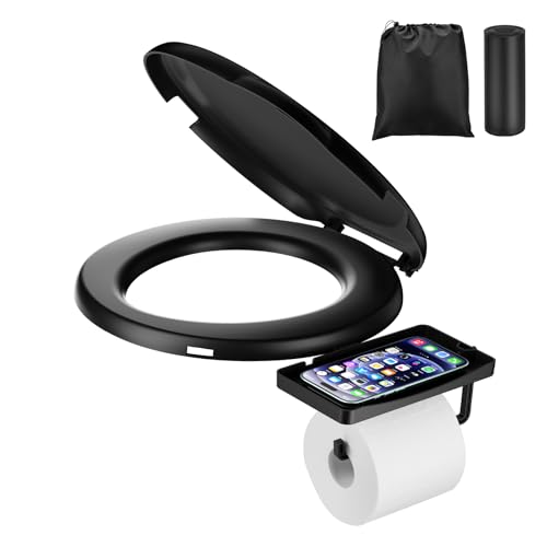 PAHTTO Portable Toilet Seat for 5 Gal Buckets, Camping Toilet Seat with Lid for Adults, Snap-on Toilet Seat with Storage Bags and Disposable Toilet Bags, Camping, Hiking, Emergency, Car, Boat - color: Black with TP&Phone Holder