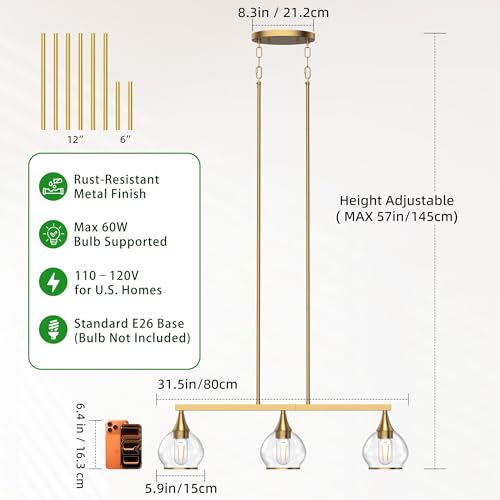 Phaosio Brushed Gold Kitchen Island Linear Pendant Light, 3-Light, E26 Base - color: Gold, size: 3-Light