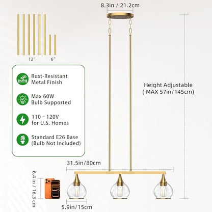 Phaosio Brushed Gold Kitchen Island Linear Pendant Light, 3-Light, E26 Base - color: Gold, size: 3-Light