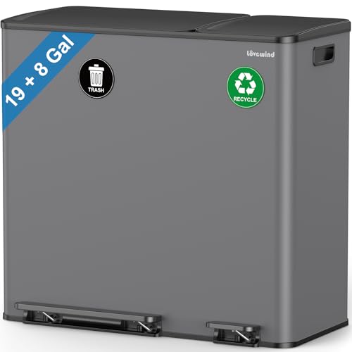 Dual Trash and Recycling Bins for Kitchen, 19+8 Gallon (72+30L) Stainless Steel Trash and Recycle Bin Combo with Soft-Close Lid, Large Garbage Cans for Kitchen Home with 2 Magnets Sticker, Gray - color: Gray