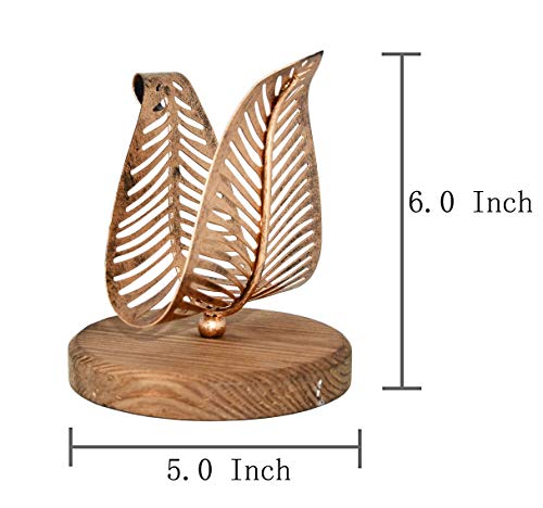 OwlGift Freestanding Modern Napkin Holder w/Bronze Metal Leaf & Brown Wooden Base Design, Tabletop Tissue Dispenser, Napkin Storage Organizer - color: Brown / Bronze