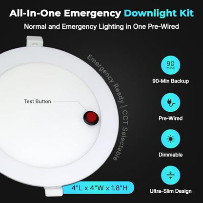 LED & Lighting Solutions 4" Dimmable Ultra Slim, Battery Powered recessed Lights, 9W 720 Lumens, CCT Selectable 2700K-6000K, 4 Inch Ceiling Light w/ 90 Min Battery Backup, ETL/IC/Damp Rated. - color: 5000K, size: 4"