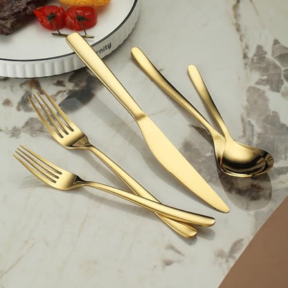 Berglander Gold Silverware Set 60pcs Service for 12, Golden Titanium Plating Stainless Steel Flatware Set, Gold Spoons Forks Knives Set for Home, Wedding, Restaurant, Hotel, Dishwasher Safe - color: a. 60 Pcs A
