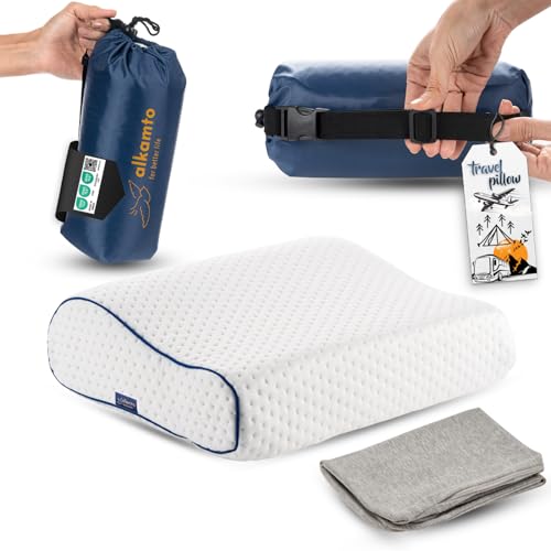 alkamto Travel & Camping Comfortable Memory Foam Pillow – Easy to Carry Portable Bag – Temperature Regulating Pillow Case - size: 13.7 x 11.8 x 3.9 / 3.14 In - White + Extra Cover