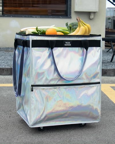 Large Phantom White Reusable Grocery Bag on Wheels, Folding Rolling Tote - color: Phantom White, size: Large