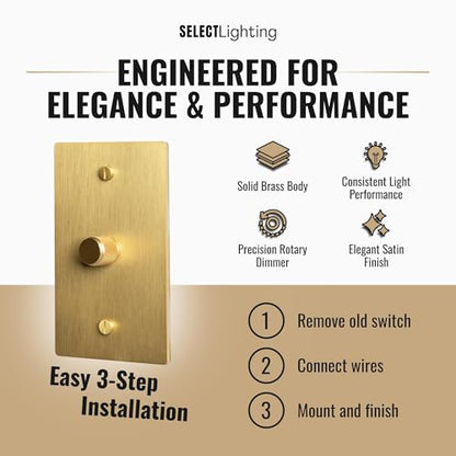 SELECT 1 Gang Solid Brass Rotary Dimmer Switch, 3-Way & 1-Way Compatible - color: Satin Brass, size: 1 Gang, style: 1/3-Way Dimmer