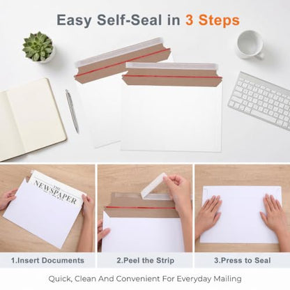 50 Pack Rigid Mailers 13.5x9.1 Inches White Cardboard Envelopes Self Seal Stay Flat Mailer for Photos Documents Papers Files Certificates