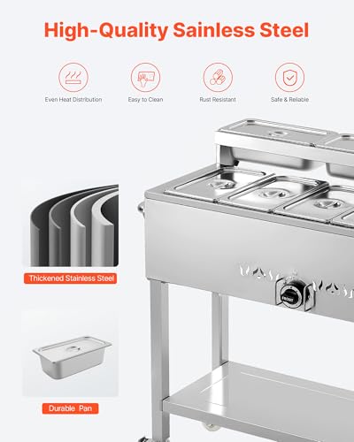 VEVOR Commercial Propane Steam Table, 5 Food Pans & 3 Condiment Pans, LP Gas Outdoor Soup Warmer with Drain Valve and 3" Wheels, Stainless Steel Propane Food Warmer with Adjustable Temp for Outdoor - size: 5×1/3 Pan;40QT