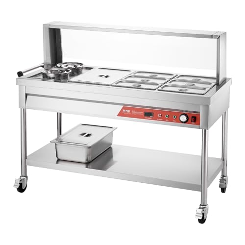 VEVOR Commercial Food Warmer, 7 Pans + 2 Pots Electric Steam Table, 1800W Professional Buffet Catering Food Warmer with Shield Undershelf Wheels, Stainless Steel Server for Party Restaurant Hotel - size: 7 Pans + 2 Pots Large