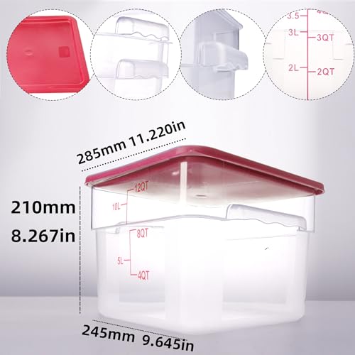 2 Pack Red Square Food Storage Container With Lid,Commercial Storage Box With Scale & Handle,Cake Making,Dough Marinating Meat,Kitchen Supplies (12 Quart) - size: 12 Quart-RED LID & MEASURING LINE