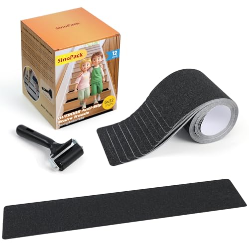 Outdoor Non Slip Tape Black 6'' x 32'' (12-Pack) High Traction Adhesive Treads with Free Roller - Heavy Duty 80 grit Black Non Slip Tape -Anti Skid Strips - Grip Tape for Steps - color: Black, size: 6 IN X 32 IN