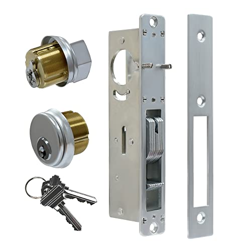 Commercial Mortise Door Lock with Thumbturn, 1-1/8" Backset Storefront Door Hook Bolt Lock, Solid Brass Cylinder, Direct Replacement for Aluminum Narrow Stile Doors (Silver) - color: Silver, size: 1-1/8"Hook Deadbolt,Single Cylinder