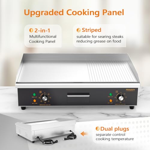 ROVSUN 30" Electric Griddle, Electric Countertop with Half Flat Top Griddle, 3000W Grill Stainless Steel with Adjustable Temperature Control 122°F-572°F for Commercial Home Restaurant, Plug - size: 30"