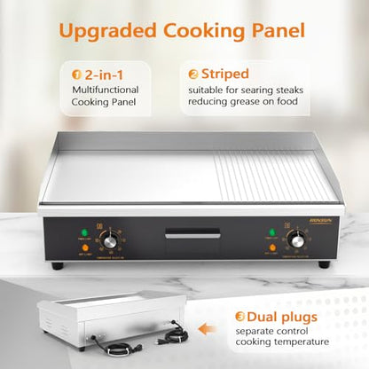 ROVSUN 30" Electric Griddle, Electric Countertop with Half Flat Top Griddle, 3000W Grill Stainless Steel with Adjustable Temperature Control 122°F-572°F for Commercial Home Restaurant, Plug - size: 30"