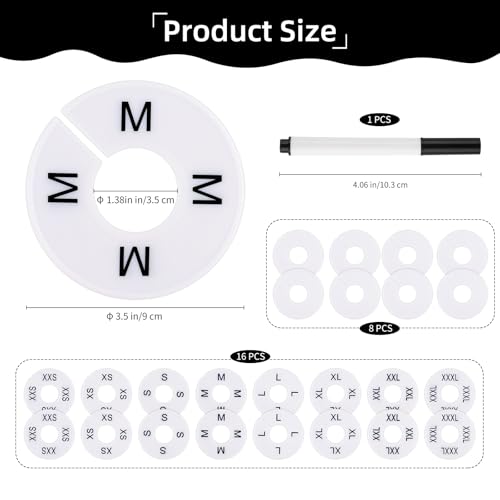 25 PCS Clothing Rack Size Dividers, Round White Plastic Size Markers, Pre-Labeled (XXS-XXXL) & Blank Dividers with Erasable Pen Closet Dividers for Hanging Clothes, Retail Store, Wardrobe Organizer