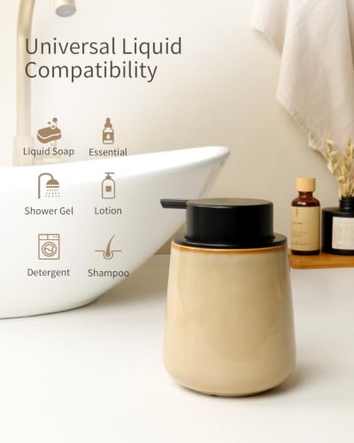 BosilunLife Hand Soap Dispenser - Ceramic Dish Soap Dispenser for Bathroom 12ounce Refillable Liquid Hand Wash Dispenser for Essential Oil, Lotion Soap, Coffee - color: Coffee