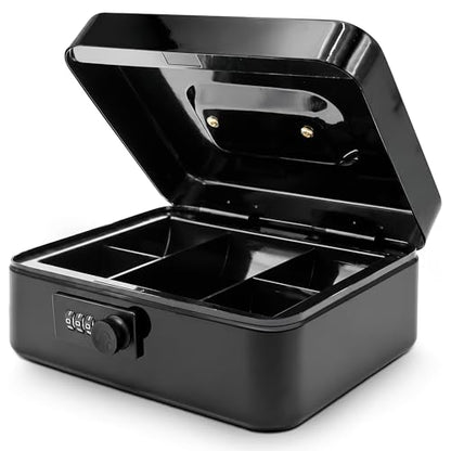 SereneLife 8" Metal Cash Box with Lock | Cash Safe Lock Box with Money Tray | 5 Lockable Drawers | Five Compartment Cash Tray | Storage for Valuables | 8” x 6.2” x 3.5” IN - color: Matte Black