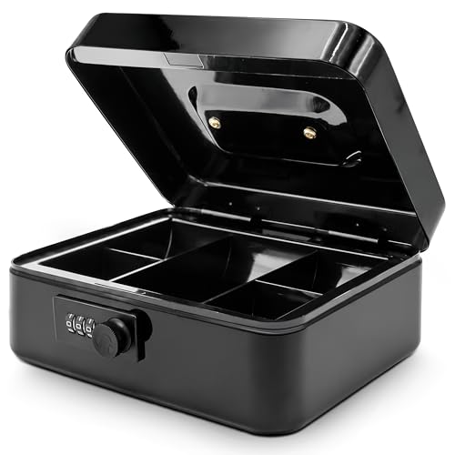 SereneLife 8" Metal Cash Box with Lock | Cash Safe Lock Box with Money Tray | 5 Lockable Drawers | Five Compartment Cash Tray | Storage for Valuables | 8” x 6.2” x 3.5” IN - color: Matte Black