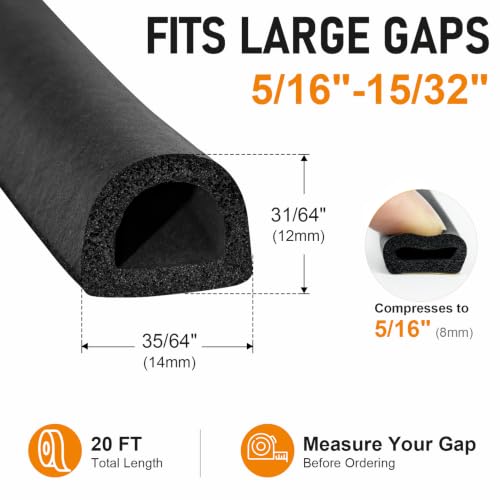 Large Gap D-Shaped Weather Stripping Door Seal, 20 FT, Black - color: Black