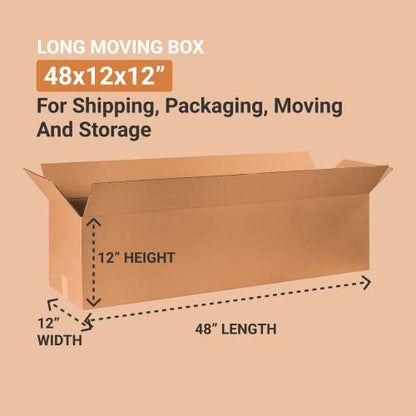 BOX USA 481212 Long Corrugated Cardboard Box 48" L x 12" W x 12" H, Kraft, For Shipping, Packing and Moving (Pack of 10)