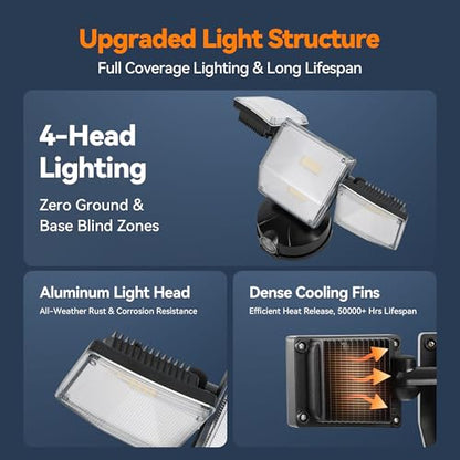 85W 10000LM Dusk to Dawn Outdoor Lighting, 4-Head Super Bright LED Flood Light, 5000K Daylight, IP65 Waterproof Hardwired Exterior Security Light for House Garage, Yard, Backyard (Black) - color: Black