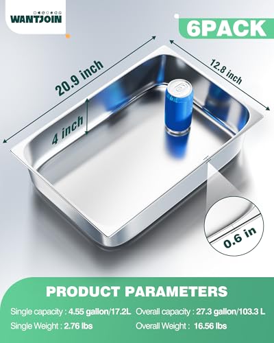 WantJoin Stainless Steel Steam Table Hotel Pans Set 1/1 Size 4 Inch 6 Pack - color: 4" Deep, size: 1/1 Size Thickened