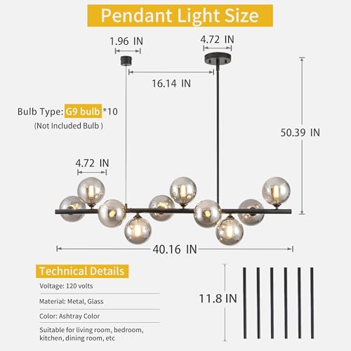 Black Linear Chandeliers for Dining Room 40" Modern Sputnik Light Fixture - color: 10 Lights-Black, size: 40 inch