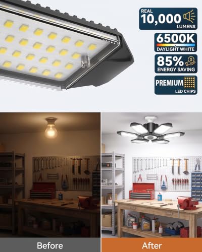 100W LED Garage Lights, 10000LM Super Bright Garage Light Bulb with 6 Deformable Panels, E26/E27 Screw in Shop Lights for Garage, Ceiling LED Lighting for Workshop, Basement, Barn - size: Standard Manual Switch