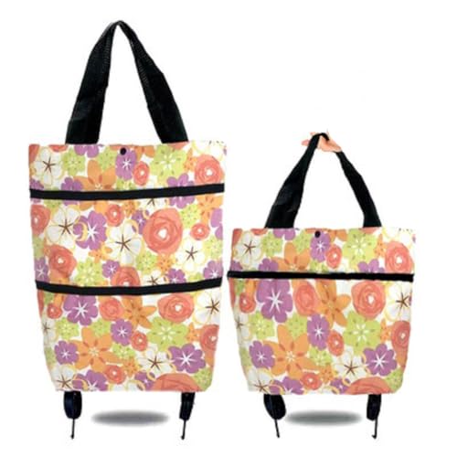 Foldable Wheeled Grocery Bag - Water-Resistant Rolling Tote - color: Orange Flower