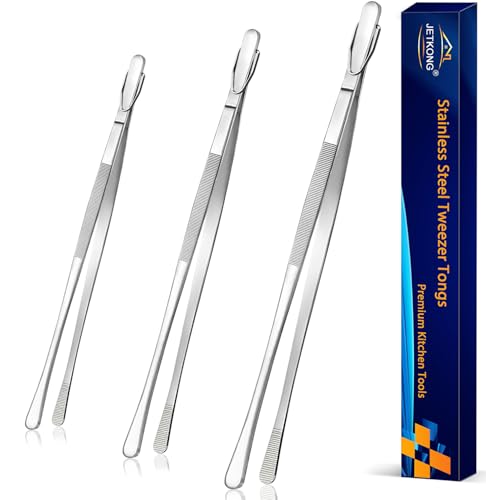 JETKONG 3 Pcs Extra Long Kitchen Tweezers 9 12 14 Inch Heavy Duty Stainless Steel Cooking Tweezers (Round Tips, Silver) - color: Silver, size: Round Tip-9 12 14