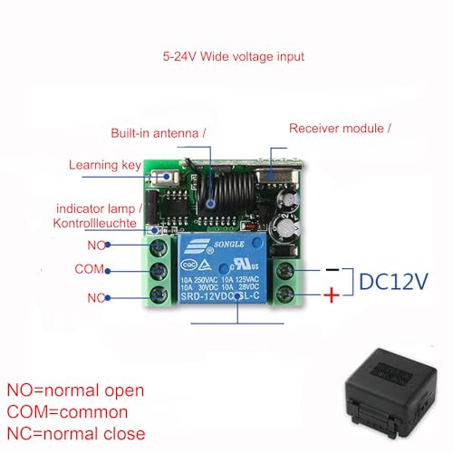 12V 24V 1 Channel 5V Wireless Remote Control Relay Switch Access Control Remote Control Magnetic Lock Electric Plug Lock Electric Control Door Receiver (Momentary Mode)