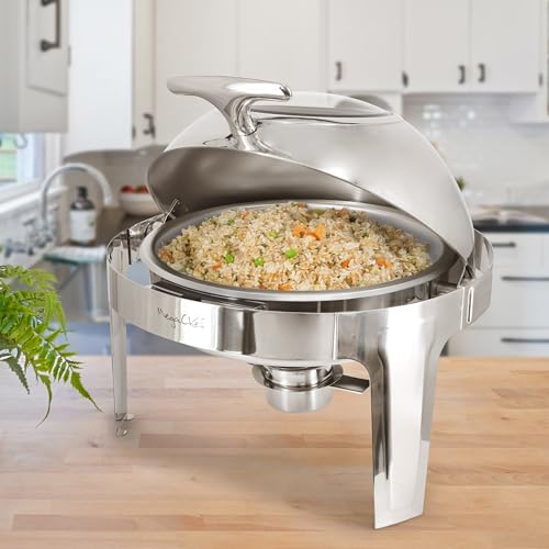 MegaChef 6.3 Quart Round Stainless Steel Professional Chafing Dish/Food Warmer/Buffet Server Serving Trays w/Roll Top & View Window for Entertaining/Catering/Large Gatherings (6.3 Quart w/Window) - size: 6.3 Quart w/Window