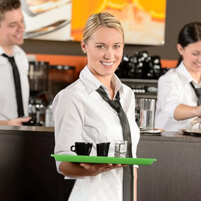 Fast Food Tray,12 Pack Plastic Serving Tray, Restaurant & Cafeteria Tray for Kitchen, Coffee Table, Party, Durable Non-Slip Black Food Trays, Reusable & Stackable,13.8x10.5 Inch (Green)