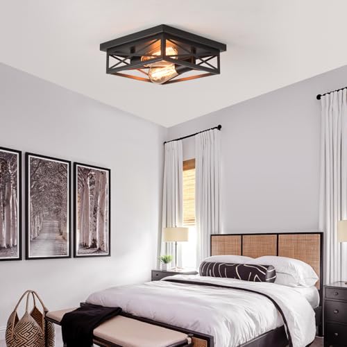 Black Flush Mount Ceiling Light,Hallway Light Ceiling Mount,Industrial Vintage Metal Cage Close to Ceiling Lights for Kitchen,Farmhouse,Bedroom - color: Square ceiling light, size: 1 PACK