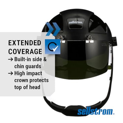 Sellstrom DP4 Face Shield - Lightweight Mask with High Impact Crown & Ratchet Headgear for Work, Grinding, Plasma/Flame Cutting - ANSI Z87.1 - Clear Anti Fog Polycarbonate Window - UV/IR Flip Up Visor - style: Shade 8 Infrared Visor W/ Chinguard