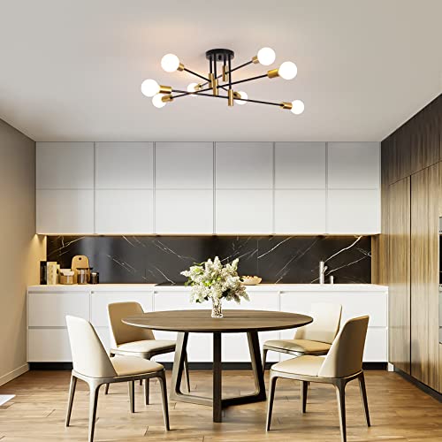 Garwarm 8-Light Black and Gold Sputnik Ceiling Light,Mid Century Semi Flush Mount Sputnik Chandelier Industrial Ceiling Lamp for Kitchen Dining Room Bedroom Foyer Entryway Hallway - color: 8-Lights,Black and Gold-2