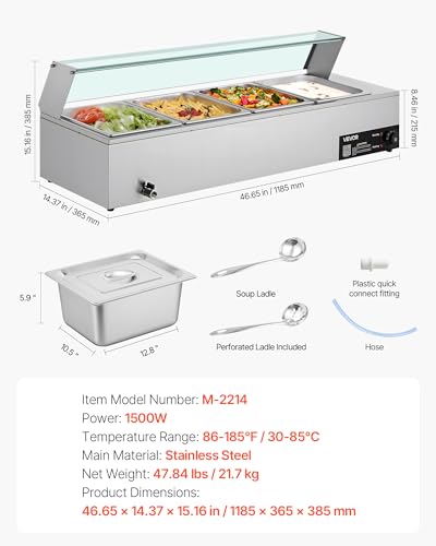 VEVOR Commercial Food Warmer, 1500W Electric Stainless Steel Steam Food Warmer with Glass Cover, 4-Pan Countertop Buffet Bain Marie with Soup & Perforated Ladles, for Catering, Restaurant & Party - size: 4x1/2Pan;48QT