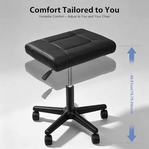 Footrest Stool Under Desk, Adjustable Height Leg Rest Ottoman, 360° Rolling Ergonomic Foot Stool with 5 Lockable Wheels for Home Office Salons, Black