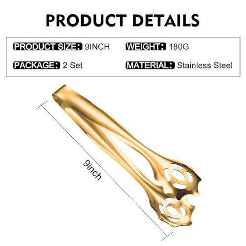 2-Pack 9 Inch Stainless Steel Gold Salad Tongs, Non-slip & Easy Grip Smart Locking Clip Handy Utensil for Cooking, Serving, Barbecue, Buffet, Salad, Ice, Oven…