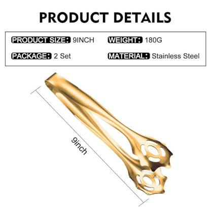 2-Pack 9 Inch Stainless Steel Gold Salad Tongs, Non-slip & Easy Grip Smart Locking Clip Handy Utensil for Cooking, Serving, Barbecue, Buffet, Salad, Ice, Oven…