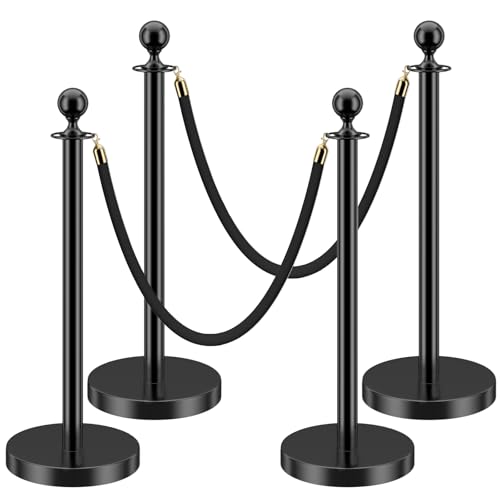 LOVMOR Stainless Steel Stanchion Post, 5 FT Black Carpet Ropes, Stanchion Post with Ball Top, Hollow Base and Velvet Ropes Safety Barriers Set for Party - color: Black-4pack