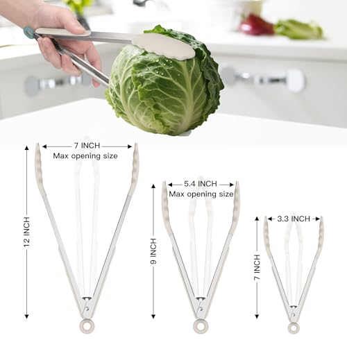 HOTEC Stainless Steel Kitchen Tongs with Silicone Tips, Set of 3-7",9" &12" - color: Khaki:12+9+7inch