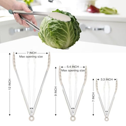HOTEC Stainless Steel Kitchen Tongs with Silicone Tips, Set of 3-7",9" &12" - color: Khaki:12+9+7inch