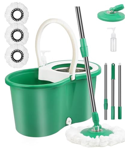 Hand Free Household Mop and Bucket with Wringer Set,Operable 360 ° Rotating Mop Bucket Set with 3 Microfiber Replacement Head and Stainless Steel 56" Extended Handle for Office and Home use(Green)