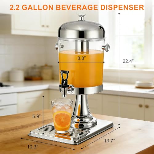 2.2 Gallon Iced Beverage Dispenser, Stainless Steel Water Jar with Stand - size: 2.2 Gallon