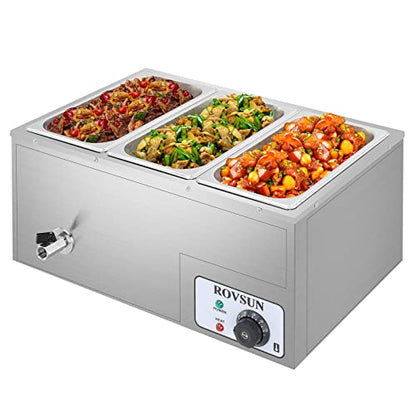 Bonnlo 21 QT 3 Pan Commercial Electric Food Warmer, Counter Top Electric Bain-Marie with Warming Plate, Steam Table Food Warmer for Catering, Parties Buffet and Restaurant, Stainless Steel, 1200W - size: 21 QT-3 pan