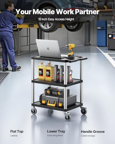VEVOR Utility Cart, 300 lbs Load Capacity, 27.6 x 18.1-inch Service Cart, Three-Shelf Heavy Duty Plastic Utility Cart with 360° Swivel Wheels (2 with Brakes), Suitable for Warehouse, Garage, Cleaning - style: 300 LBS-3 Tier